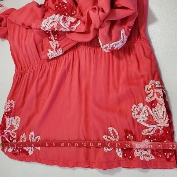 Soft Surroundings Floral Embroidered Tunic Size M Beaded Tassel Tie Top Beach - Picture 8 of 12